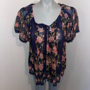 Free People peasant top short sleeve flutter raw edge floral viscose navy medium
